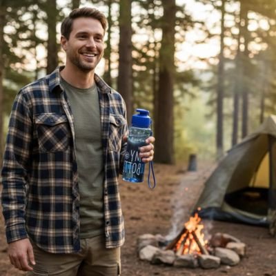 Homme tient gourde plastique bleue foncé camping