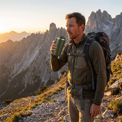 Homme va boire avec mug randonnée montagne