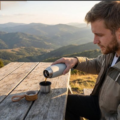 Homme verse café dans tasse avec gobelet isotherme gris