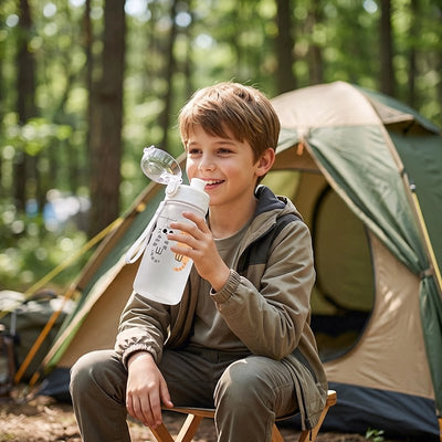 Jeune campeur assis boit avec gourde enfant blanche