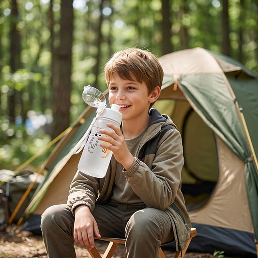 Jeune campeur assis boit avec gourde enfant blanche