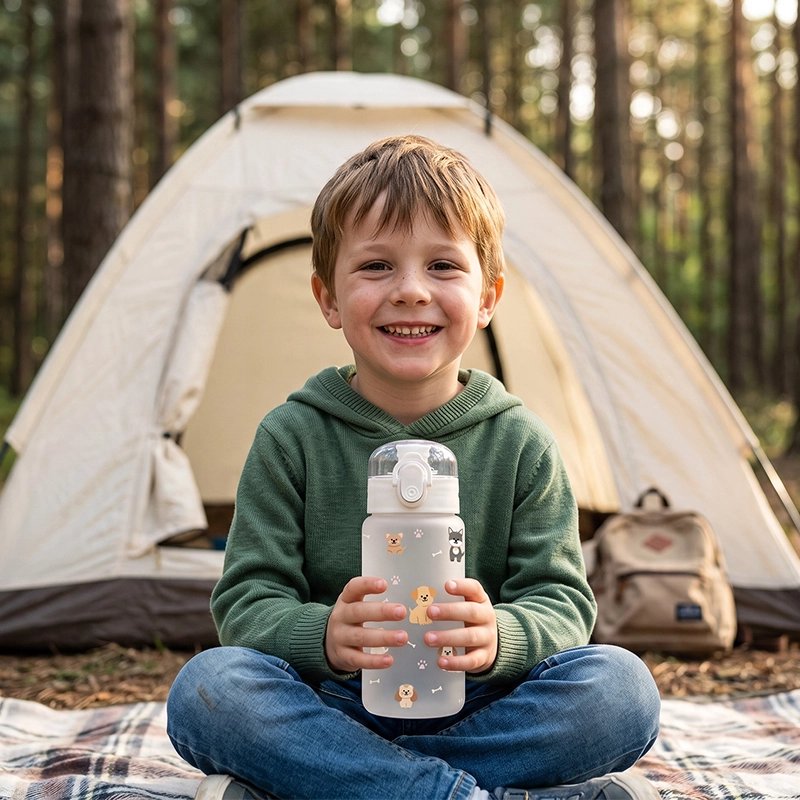 Jeune campeur tient gourde enfant blanche