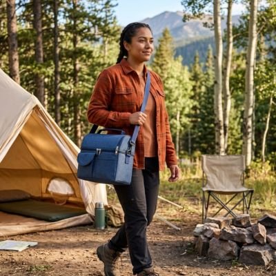 Jeune campeuse tient sac isotherme bleu en bandoulière