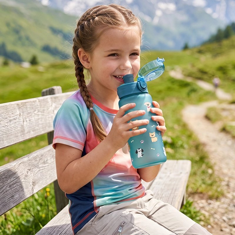 Jeune fille vacance plein air boit avec gourde enfant bleue 