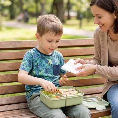 Jeune garçon mange dans lunch box enfant verte au parc