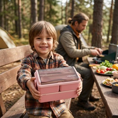 Jeune garçon montre fièrement lunch box rose camping avec papa