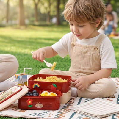 Jeune garçon pique-nique lunch box enfant rouge
