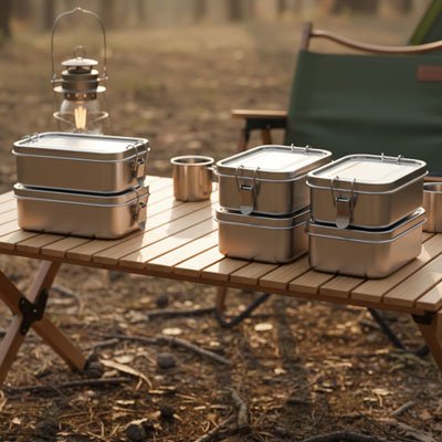 Lunch box acier inoxydable sur table camping