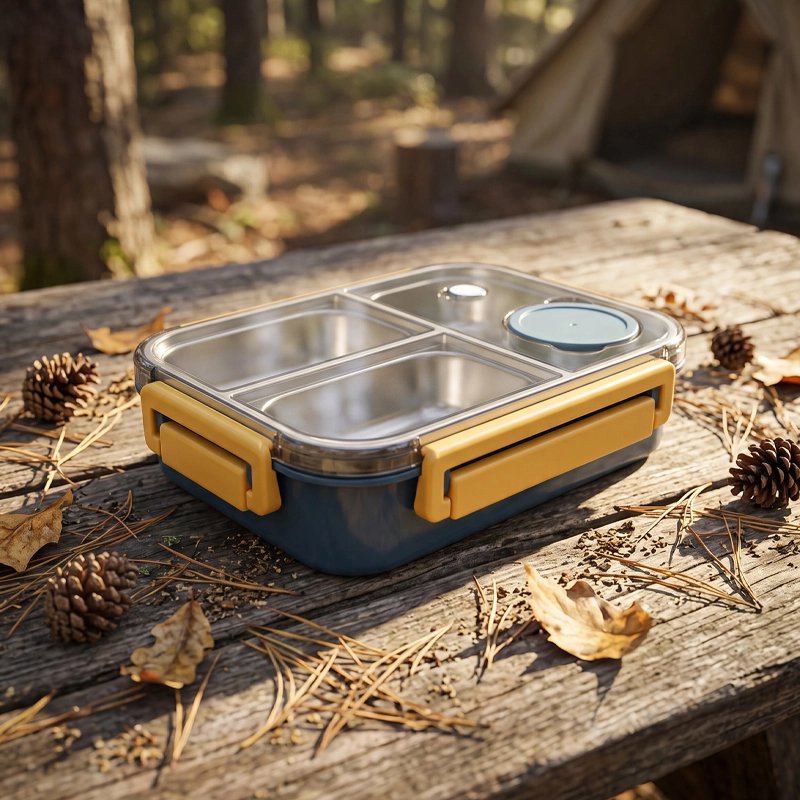 Lunch box bleue trois compartiments poignées jaunes camping