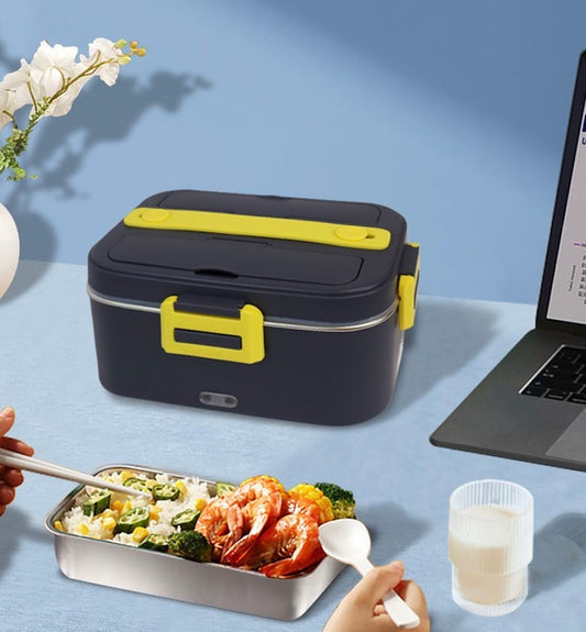 Lunch box chauffante bleue sur table bureau
