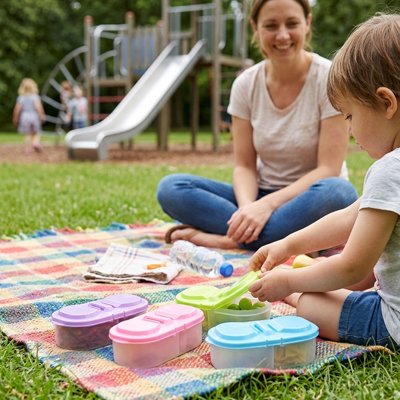 Lunch box en quatre couleurs sur nappe pique-nique