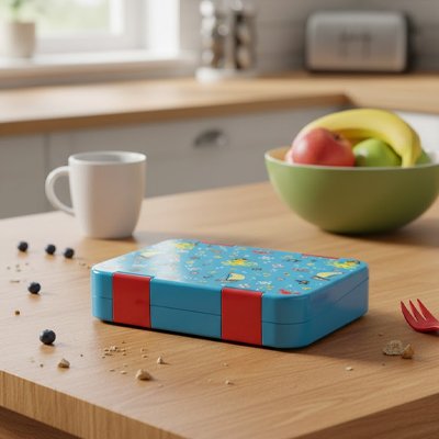 Lunch box enfant bleue sur table maison parents