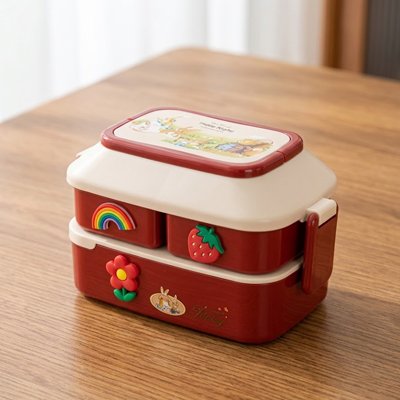 Lunch box enfant rouge à deux étages sur table