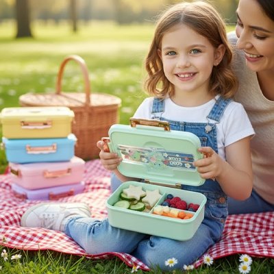 Lunch box enfant verte ouverte avec fillette et maman