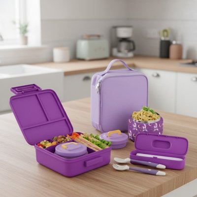 Lunch box enfant violette avec sac transport et couverts