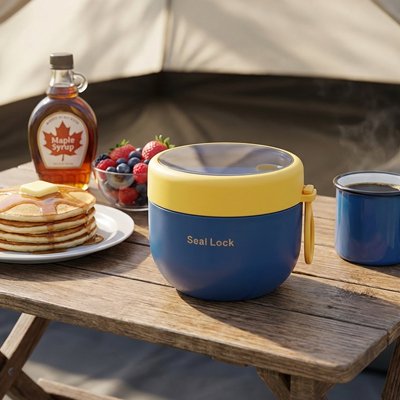 Lunch box inox bleue couvercle jaune déjeuner camping