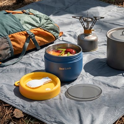 Lunch box inox bleue sur nappe au sol en camping