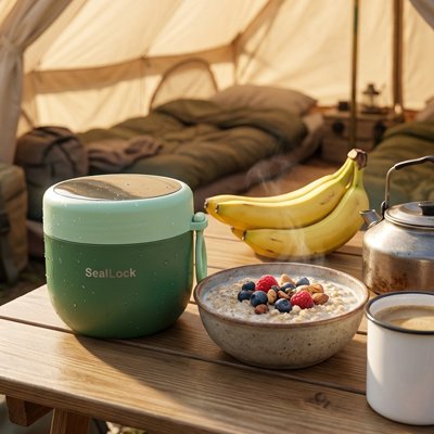 Lunch box inox verte sur table dans tente camping