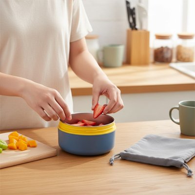 Lunch box isotherme bleue ouverte table