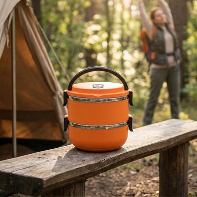 Lunch box orange version double sur banc table camping