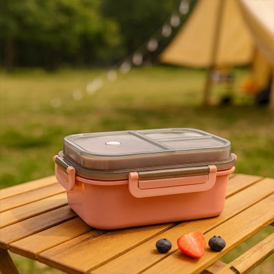 Lunch box rose en camping sur table
