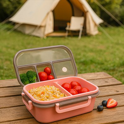 Lunch box rose ouverte sur table camping