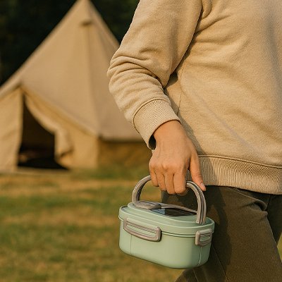 Lunch box vert avec poignée ergonomique camping