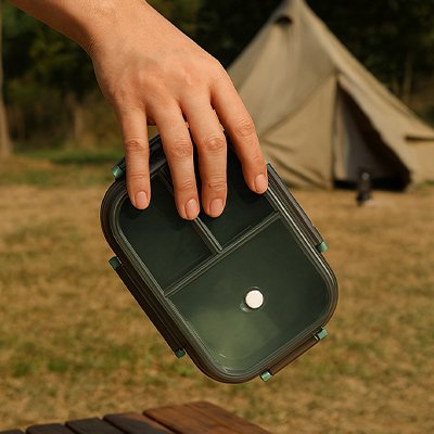 Lunch box verte dans main homme camping