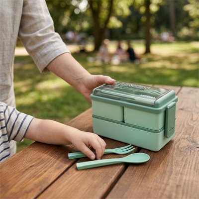 Lunch box verte deux couches avec ustensiles pique-nique