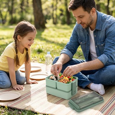 Lunch box verte deux niveaux sur nappe pique-nique familial