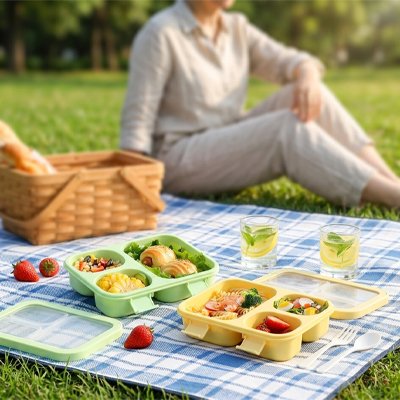 Lunch box verte et une autre jaune ouvertes pique-nique parc