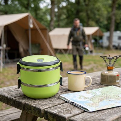 Lunch box verte version double sur table camping