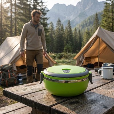 Lunch box verte version simple sur table pique-nique 