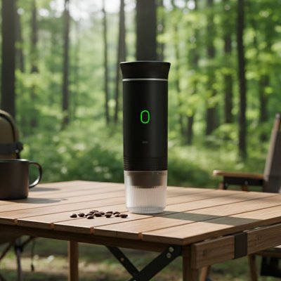 Machine a cafe portable​ noire avec tasse intégrée sur table camping