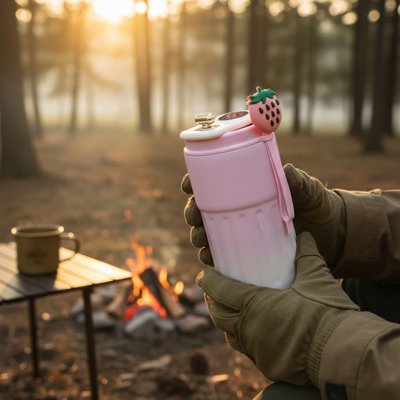Mains tiennent mug isotherme rose camping sauvage