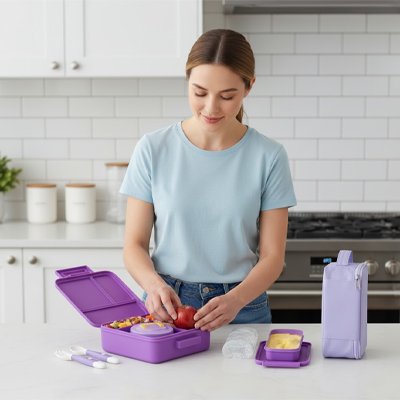Maman dispose aliments dans Lunch box enfant violette