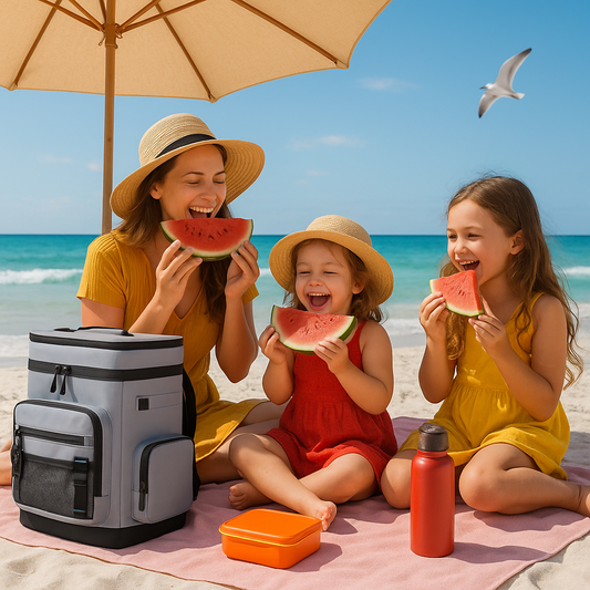Maman et filles déjeunent plage sac à dos isotherme gris