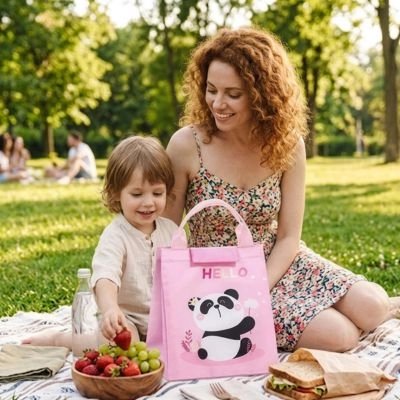 Maman et fillette pique-nique avec sac isotherme repas