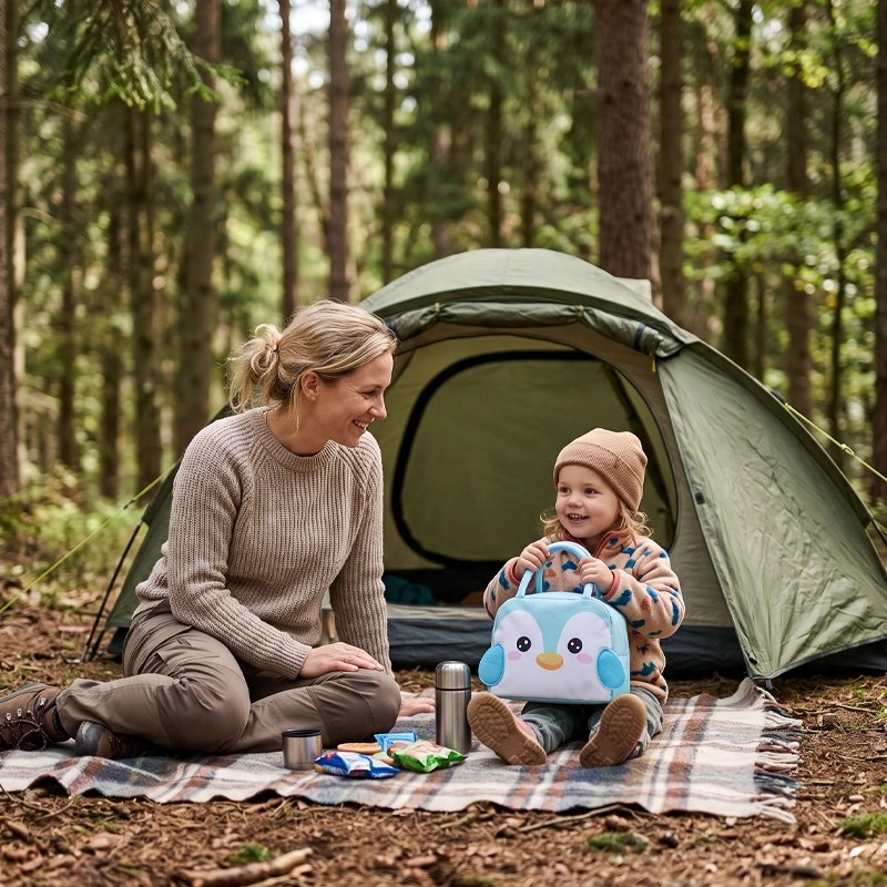 Maman et fillette tient sac isotherme bleu clair camping