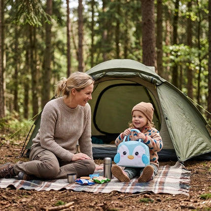 Maman et fillette tient sac isotherme bleu clair camping