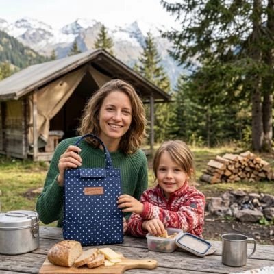 Mère et enfant en camping avec sac isotherme repas 