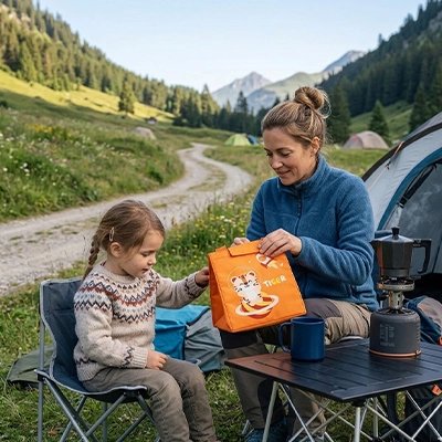 Mère et fillette avec sac isotherme repas pique-nique montagne