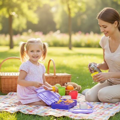 Mère et fillette camping avec lunch box enfant violette
