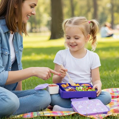 Mère et fillette déjeunent avec lunch box enfant violette
