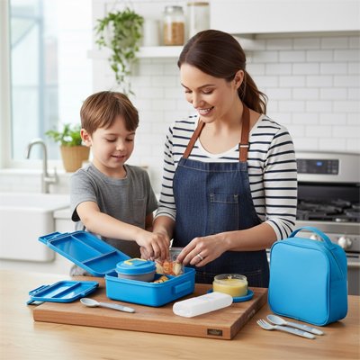 Mère et fils disposent aliments dans Lunch box enfant bleue