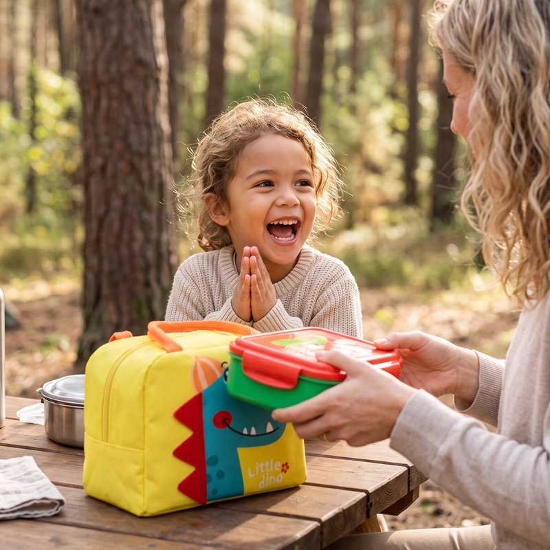 Mère fillette camping sac isotherme jaune