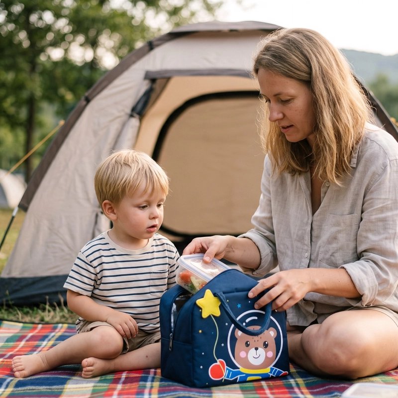Mini campeuse et maman avec sac isotherme bleu foncé