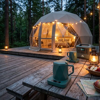 Mug avec couvercle sur chauffe tasse camping outdoor