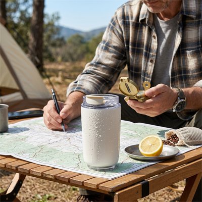 Mug isotherme blanc sur table pique-nique