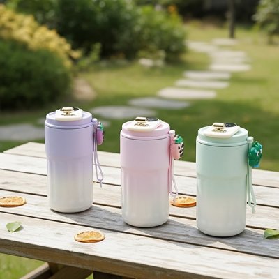 Mug isotherme en trois couleurs différentes table camping